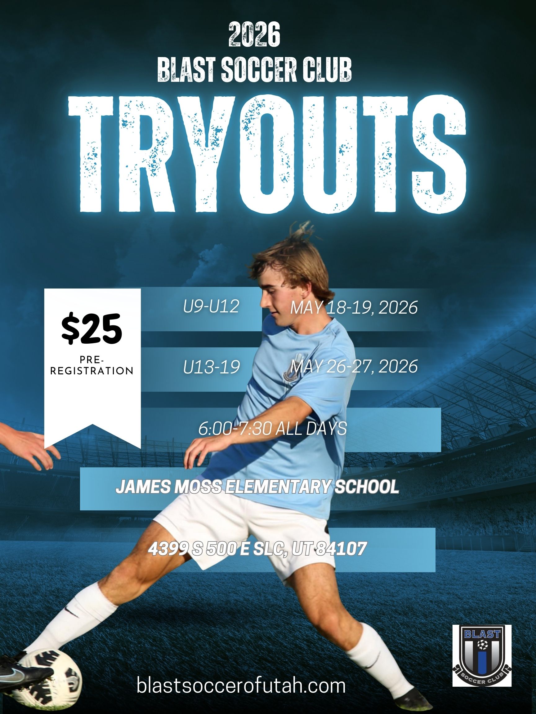 Blast Soccer Club 2026 Tryouts Flyer